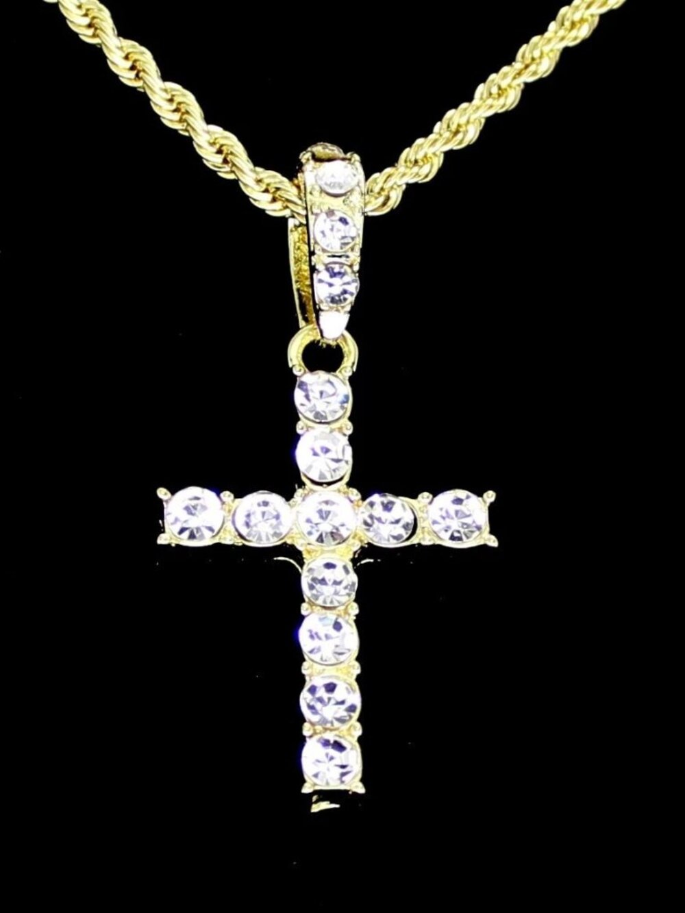 14K Plated Iced Out Cross & 20” Rope Chain